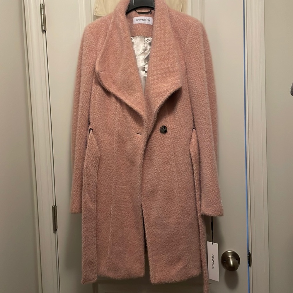 Women’s Calvin Klein Pink Asymmetrical Belted Wrap Coat NWT never worn size S
